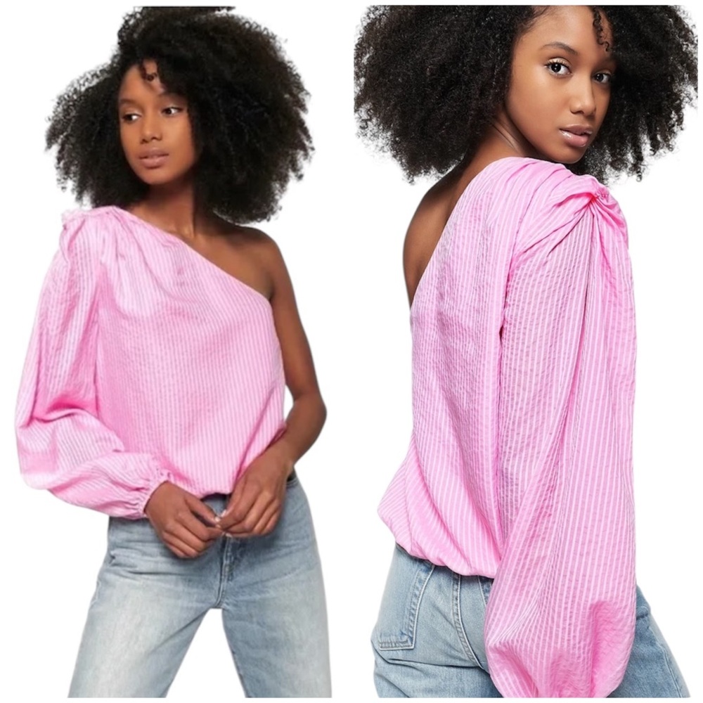Cami NYC Bubblegum Pink Stripe Lenore One Shoulder Puff Sleeve Blouse Small